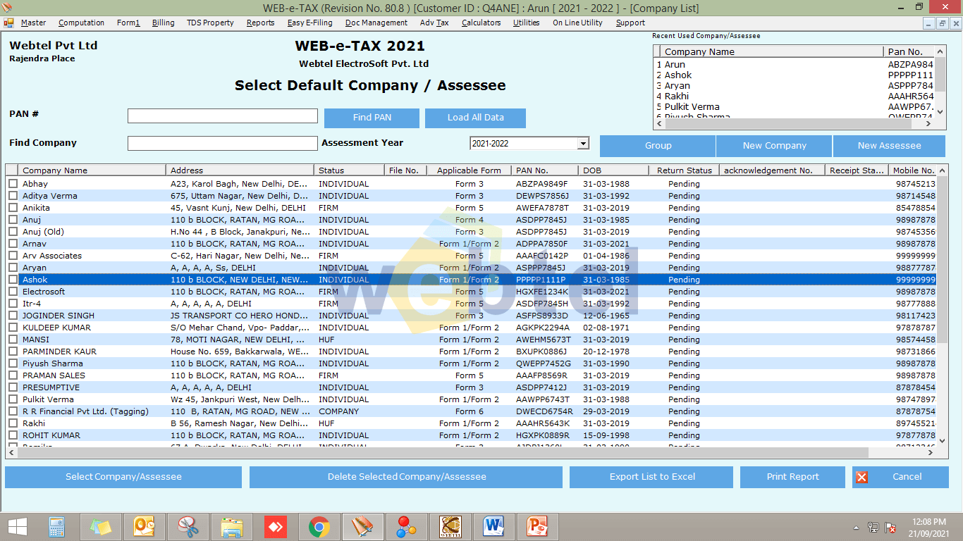 Selection of created Assessee Master