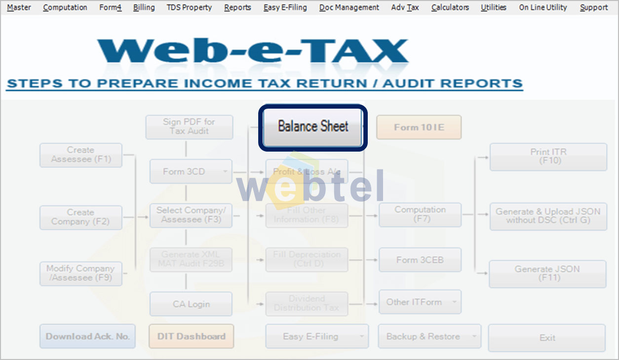 Click on the Balance sheet option from the main screen of the software