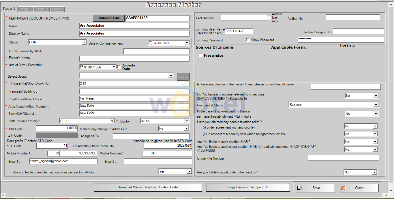 Create the assessee master details for which you want to file the ITR and the Assessee Master